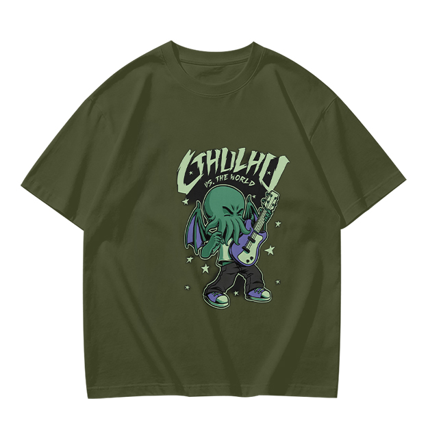 Olive T-Shirt Featuring Chibi Cthulhu Rocking a Guitar