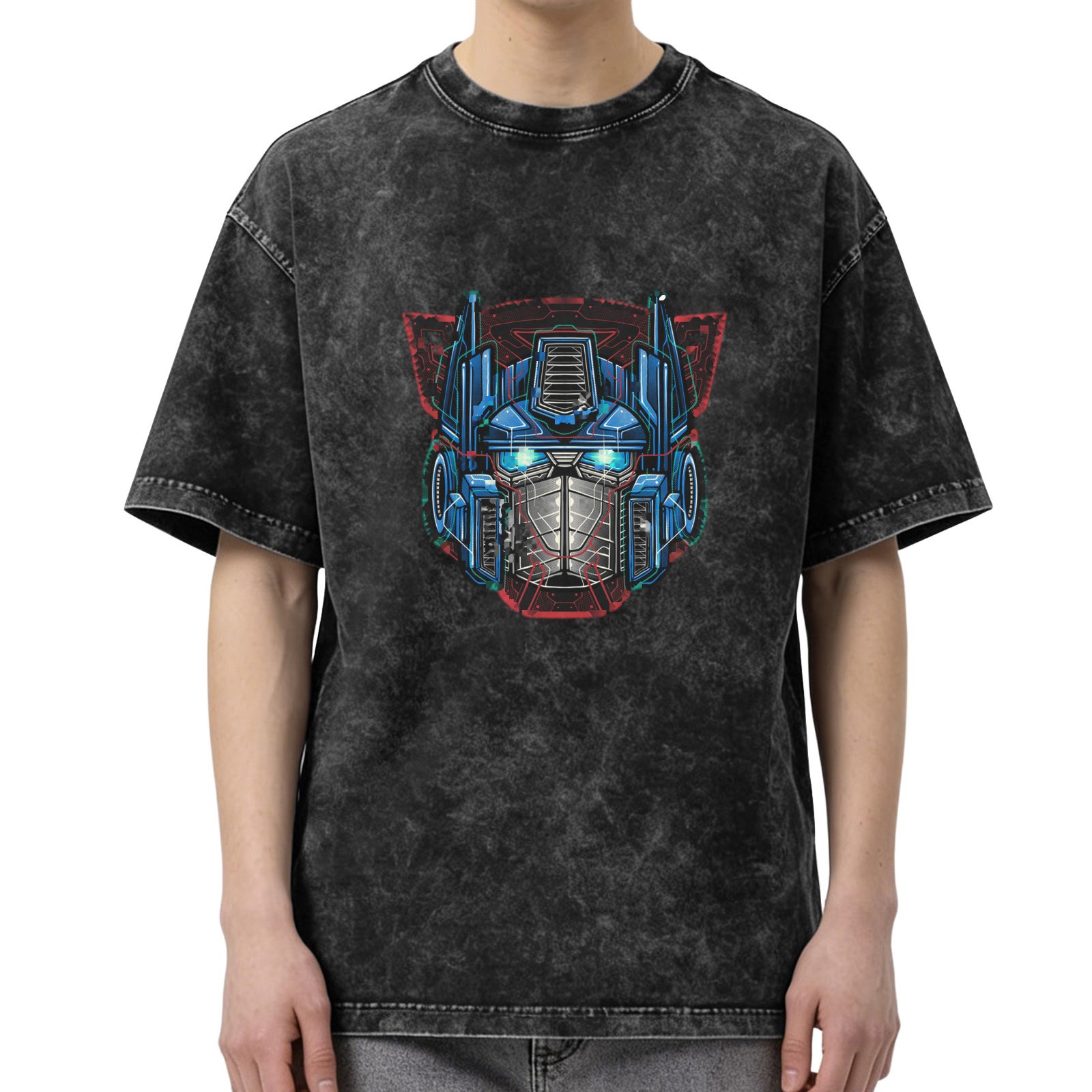Washed Black T-Shirt With Robot Head Graphic Print
