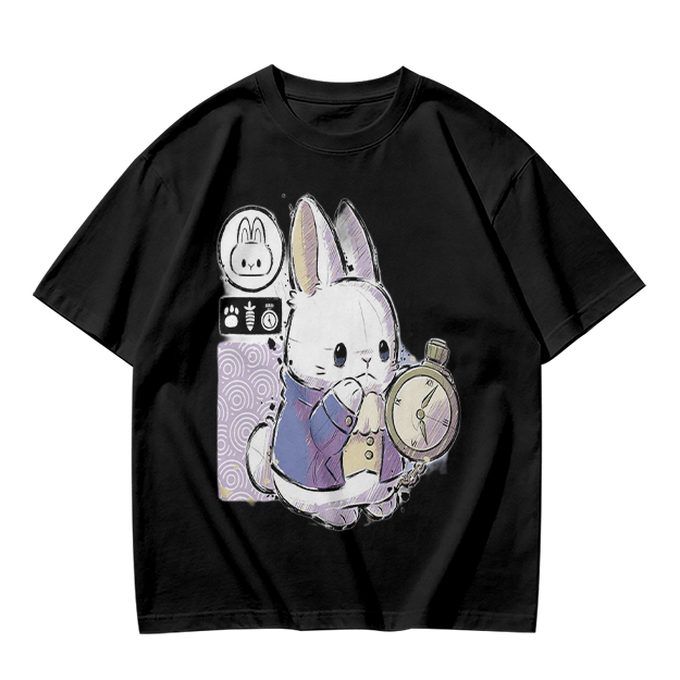 Olive T-Shirt With White Rabbit Holding Pocket Watch Print