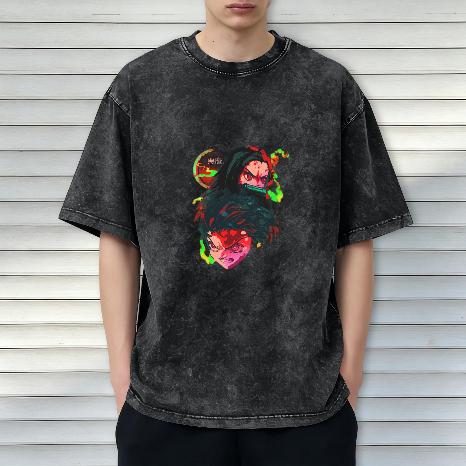 Demon Slayer themed distressed washed black loose short-sleeved T-shirt