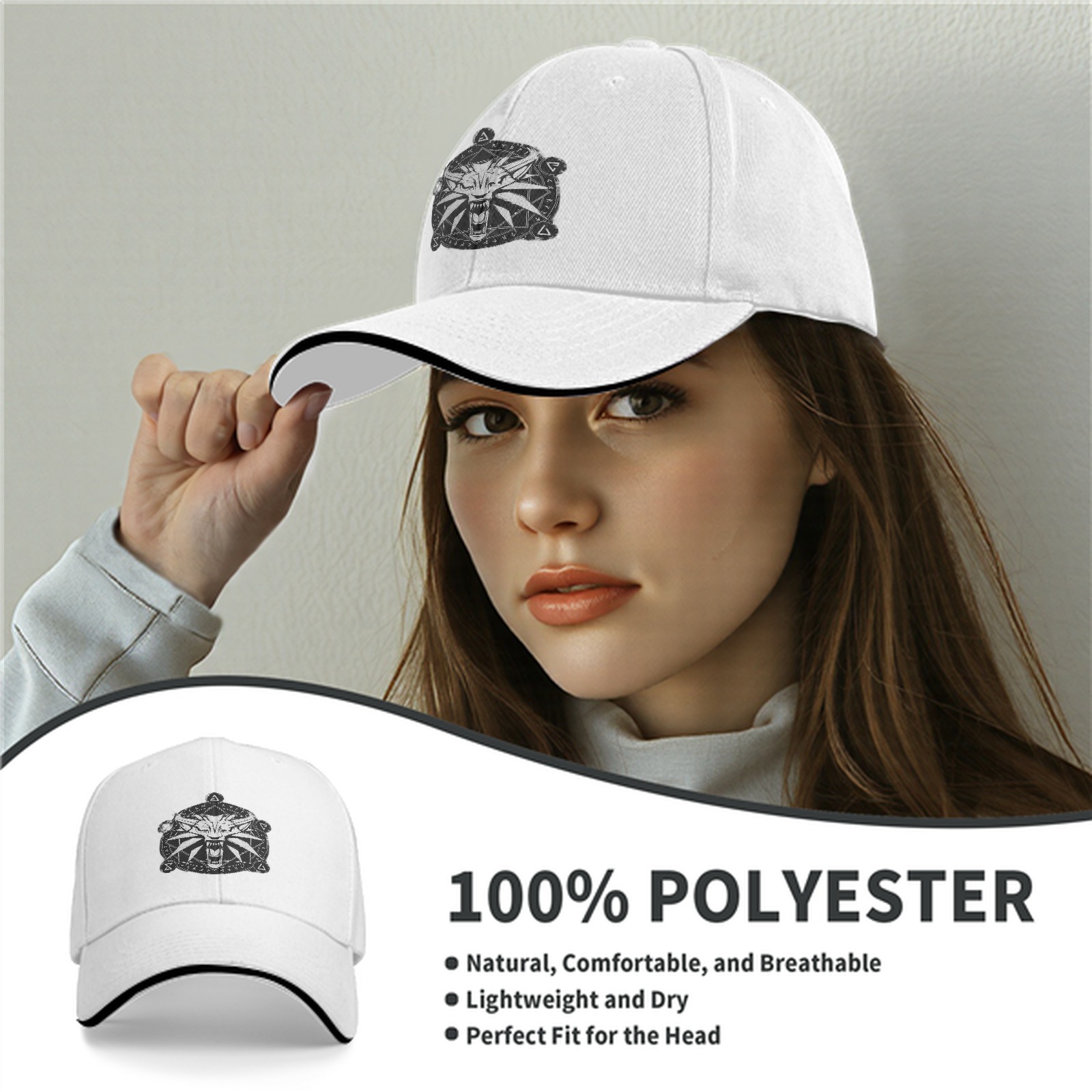 Black Baseball Cap With Witcher Wolf Medallion Print