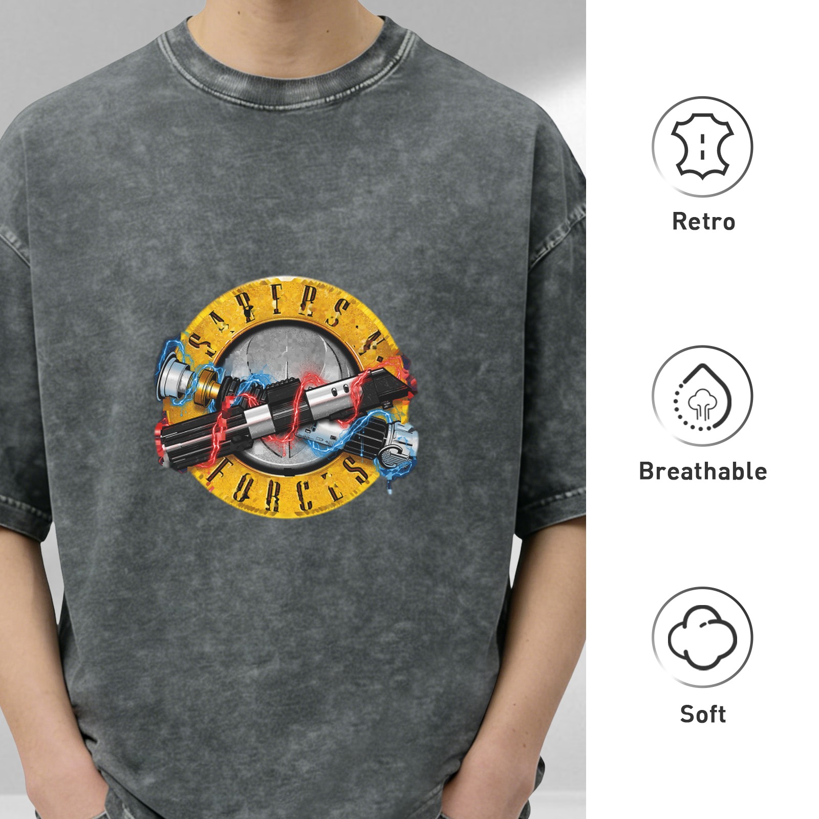 Oversized Acid-Wash T-Shirt with 'Saber's Forces' Lightsaber Graphic Print