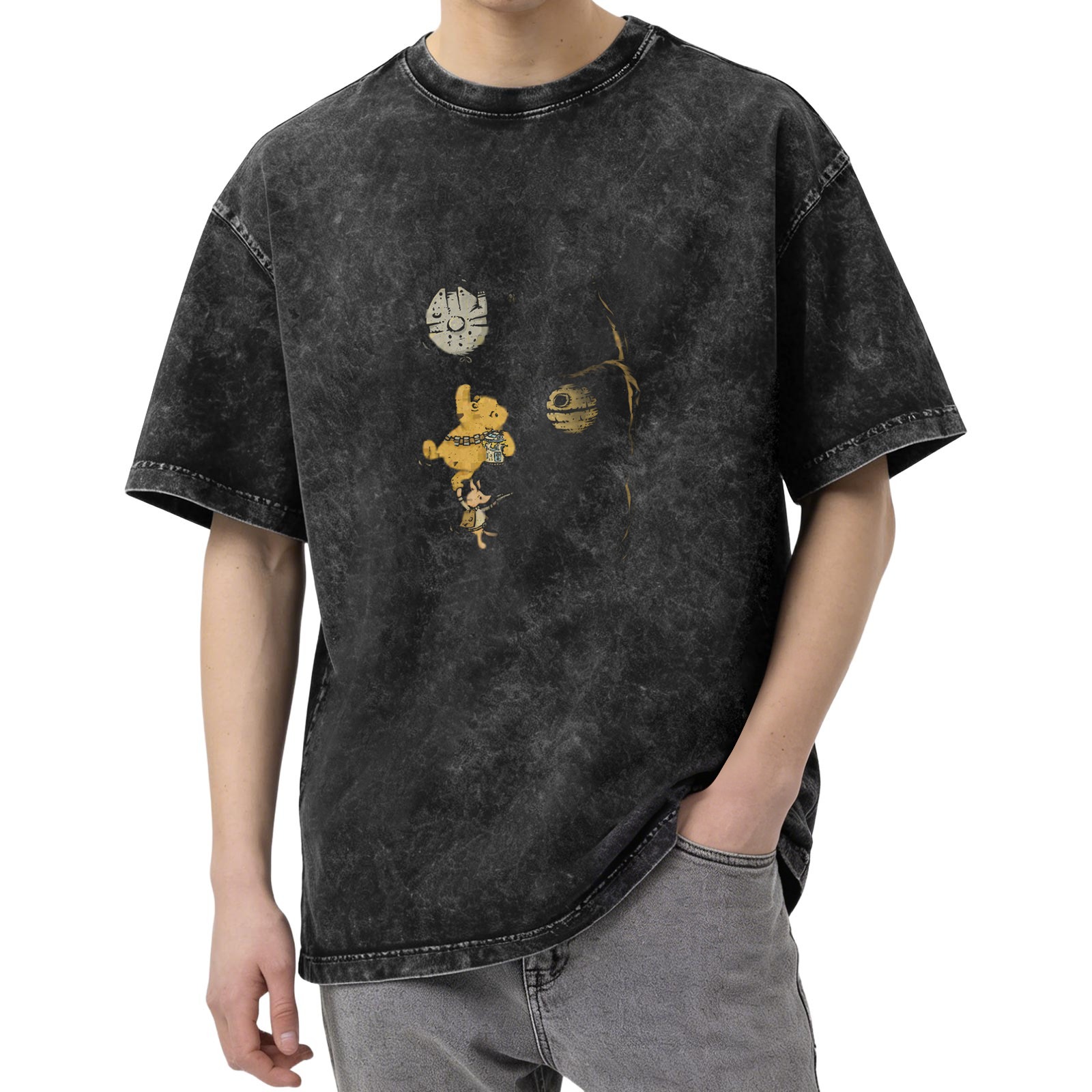 Winnie The Pooh x Star Wars Crossover Vintage Wash T-Shirt - Dark Gray Acid Wash Graphic Tee