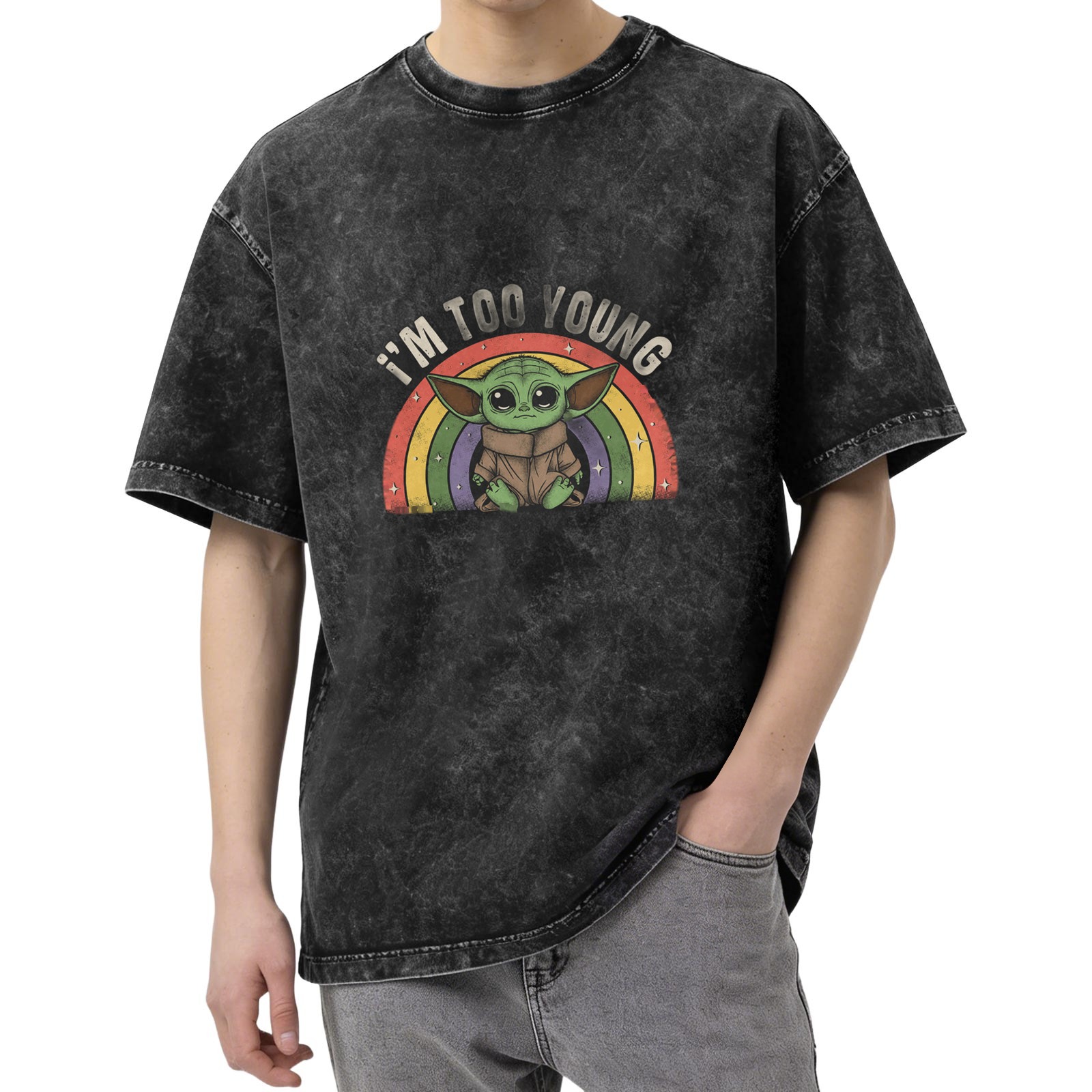 I'm Too Young Baby Yoda Rainbow Acid Wash T-Shirt