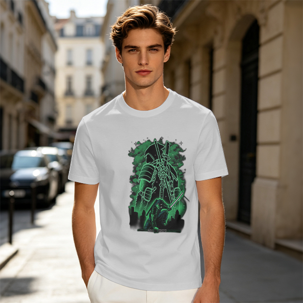 Olive Green T-Shirt With Neon Samurai Warrior Graphic