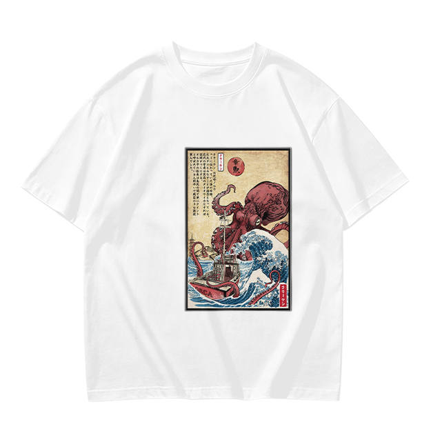 Olive T-shirt with Japanese octopus and wave woodblock print