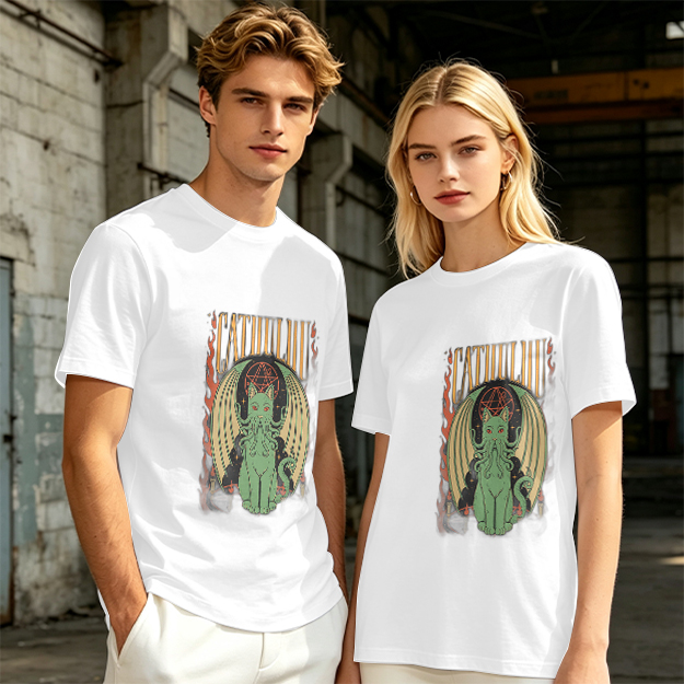 Olive T-shirt with Cthulhu Cat Graphic Print