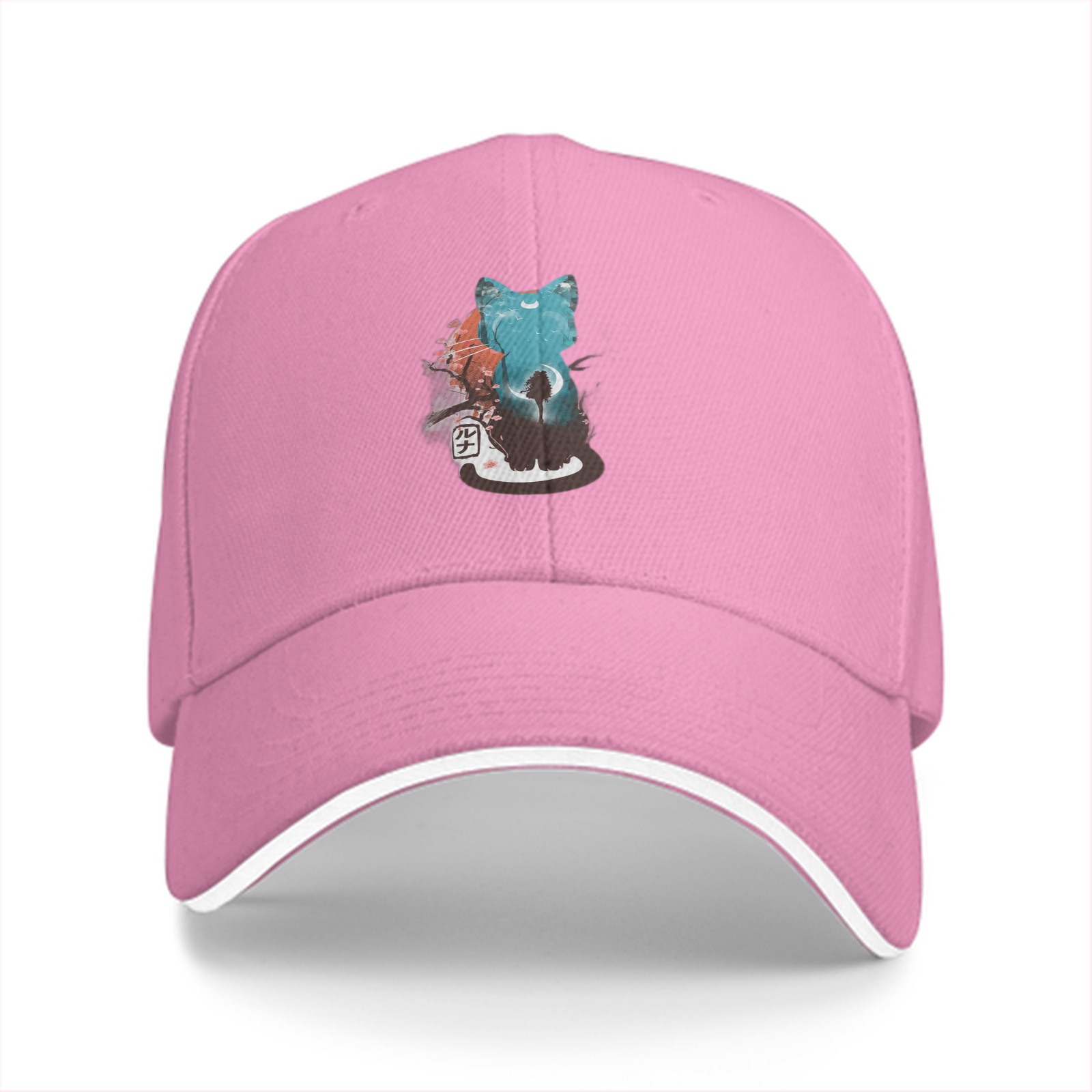 Black baseball cap with artistic cat graphic design