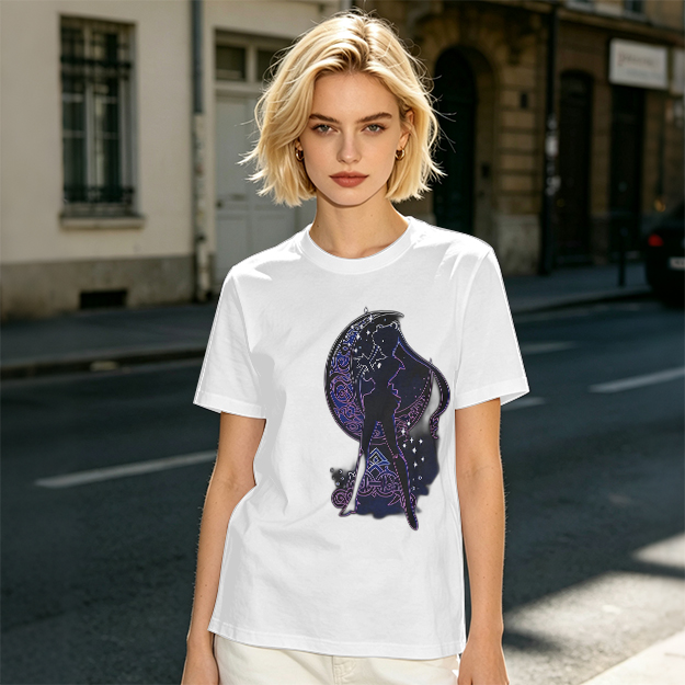 Olive T-Shirt With Celestial Moon Girl Silhouette Graphic