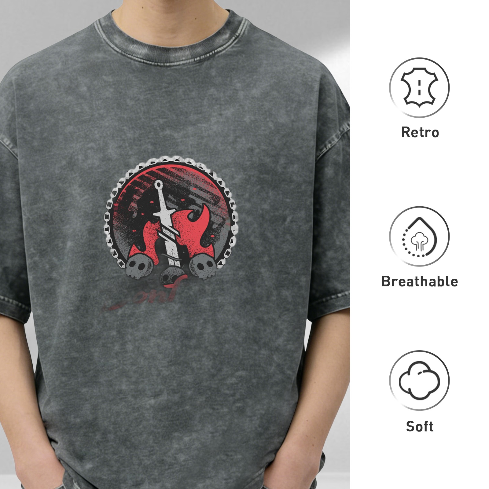 Oversized Acid Wash T-Shirt With Gothic Sword Skull Flame Graphic