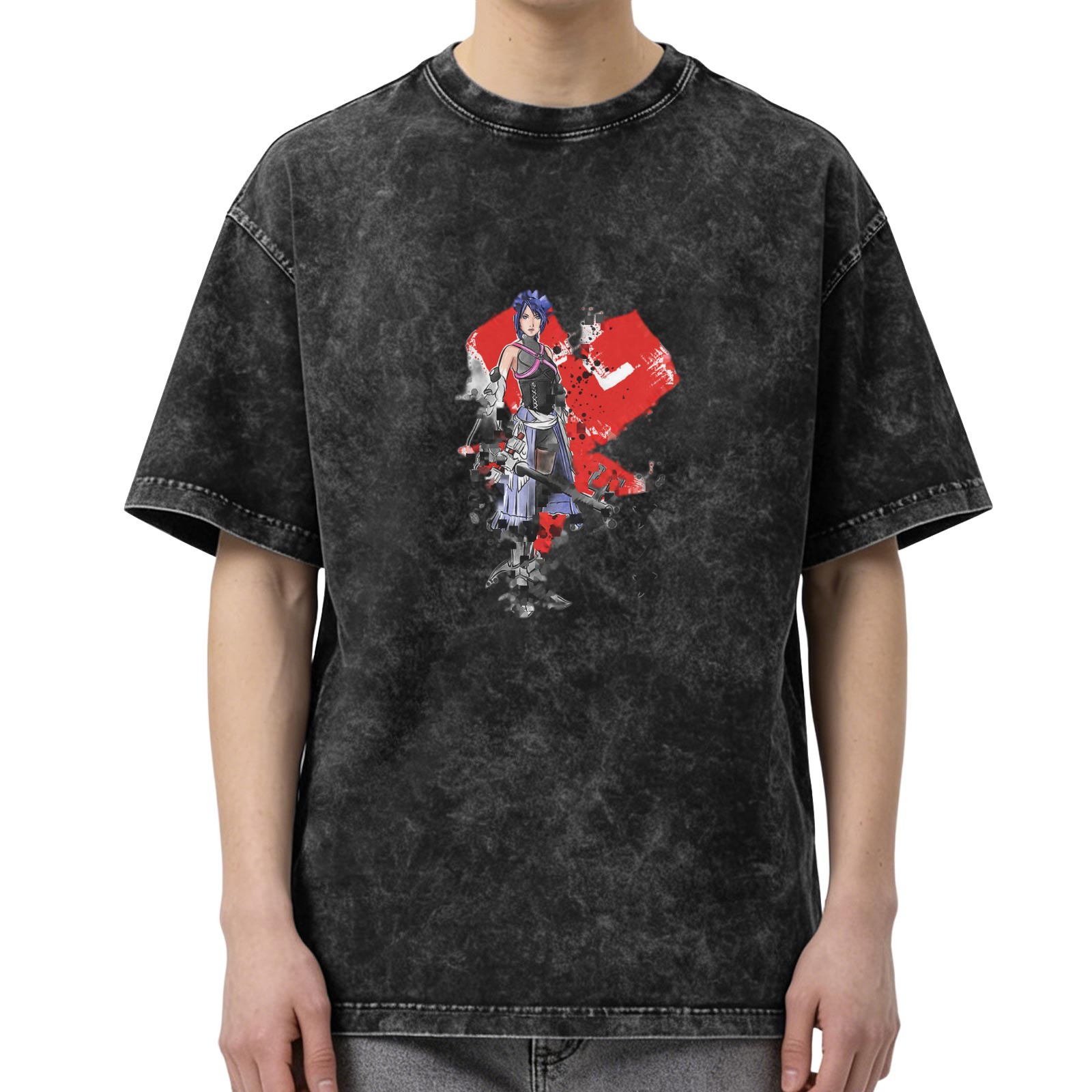 Washed Black Graphic T-Shirt with Anime Character Print