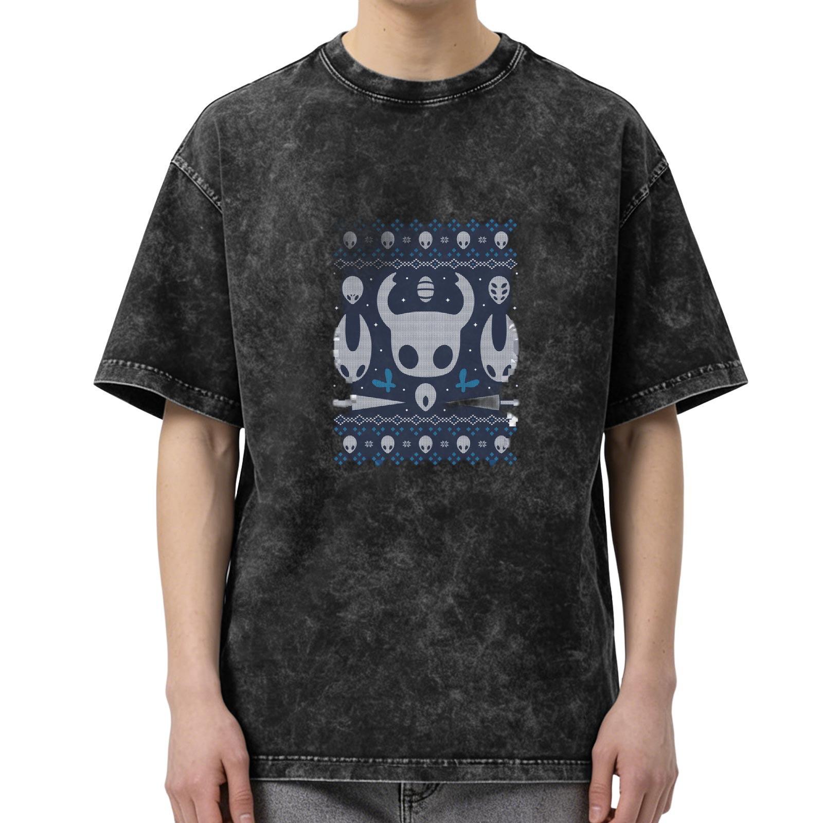 Washed Black T-Shirt with Hollow Knight Themed Graphic Print
