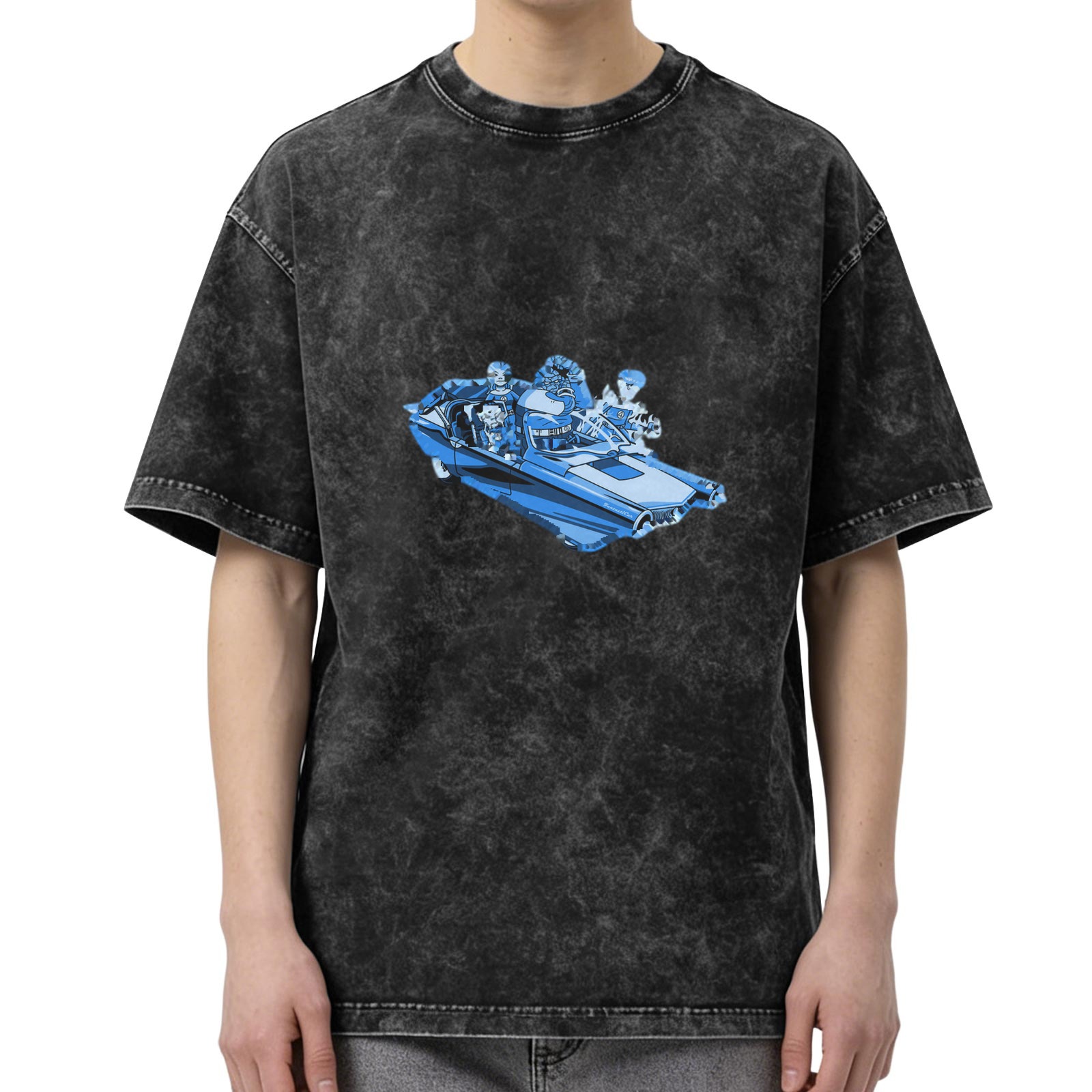 Washed Black Oversized T-Shirt With Blue Retro Car Graphic