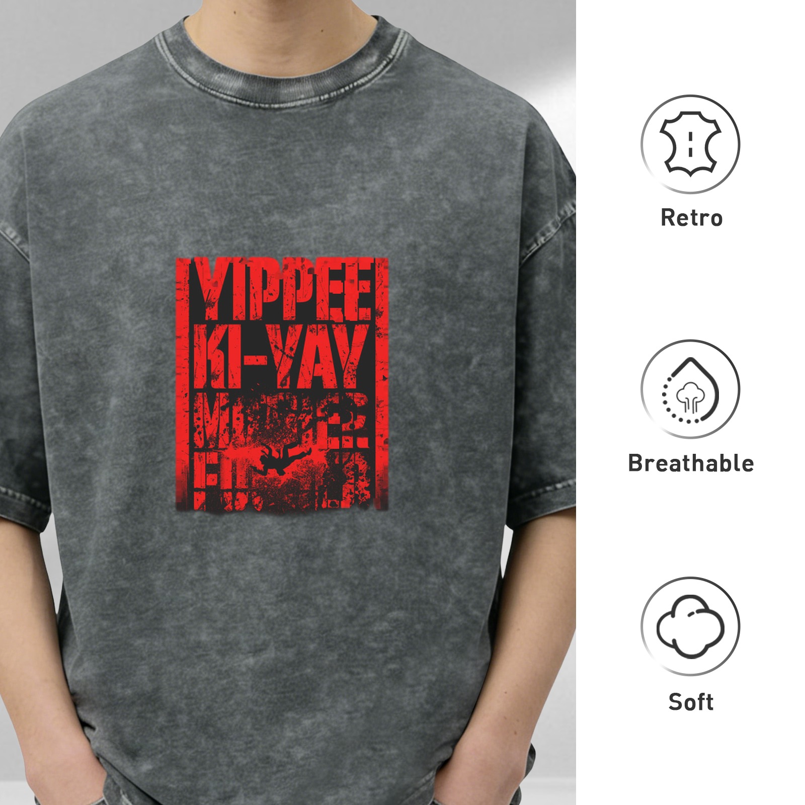 Distressed washed black short-sleeved T-shirt printed YIPPEE KI-YAY theme pattern casual loose style