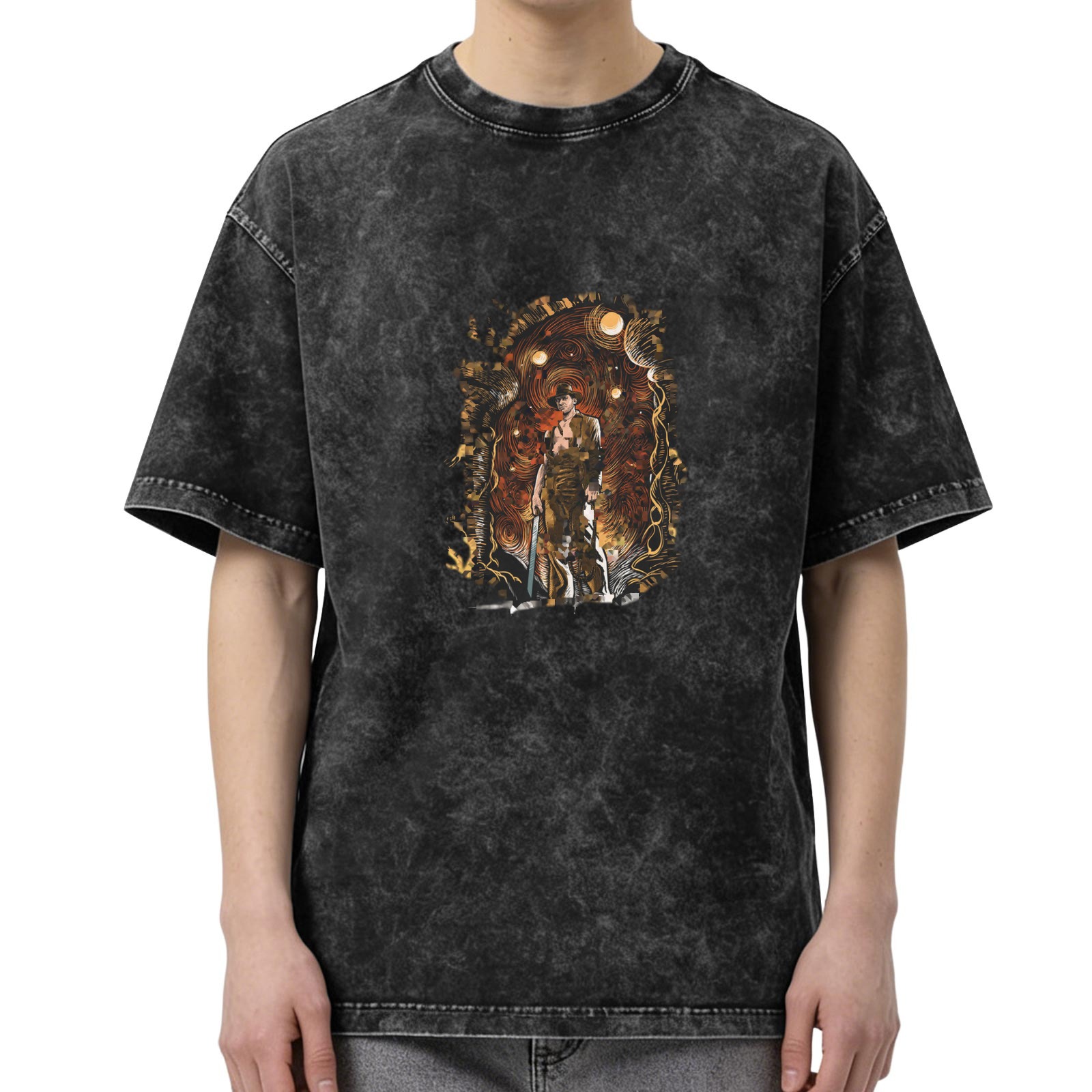 Washed Black Graphic T-Shirt With Adventurer In Mystical Cave Print