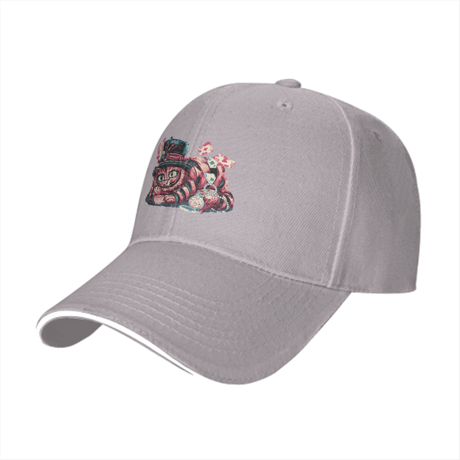 Black Baseball Cap with Whimsical Wonderland Cat Art Print