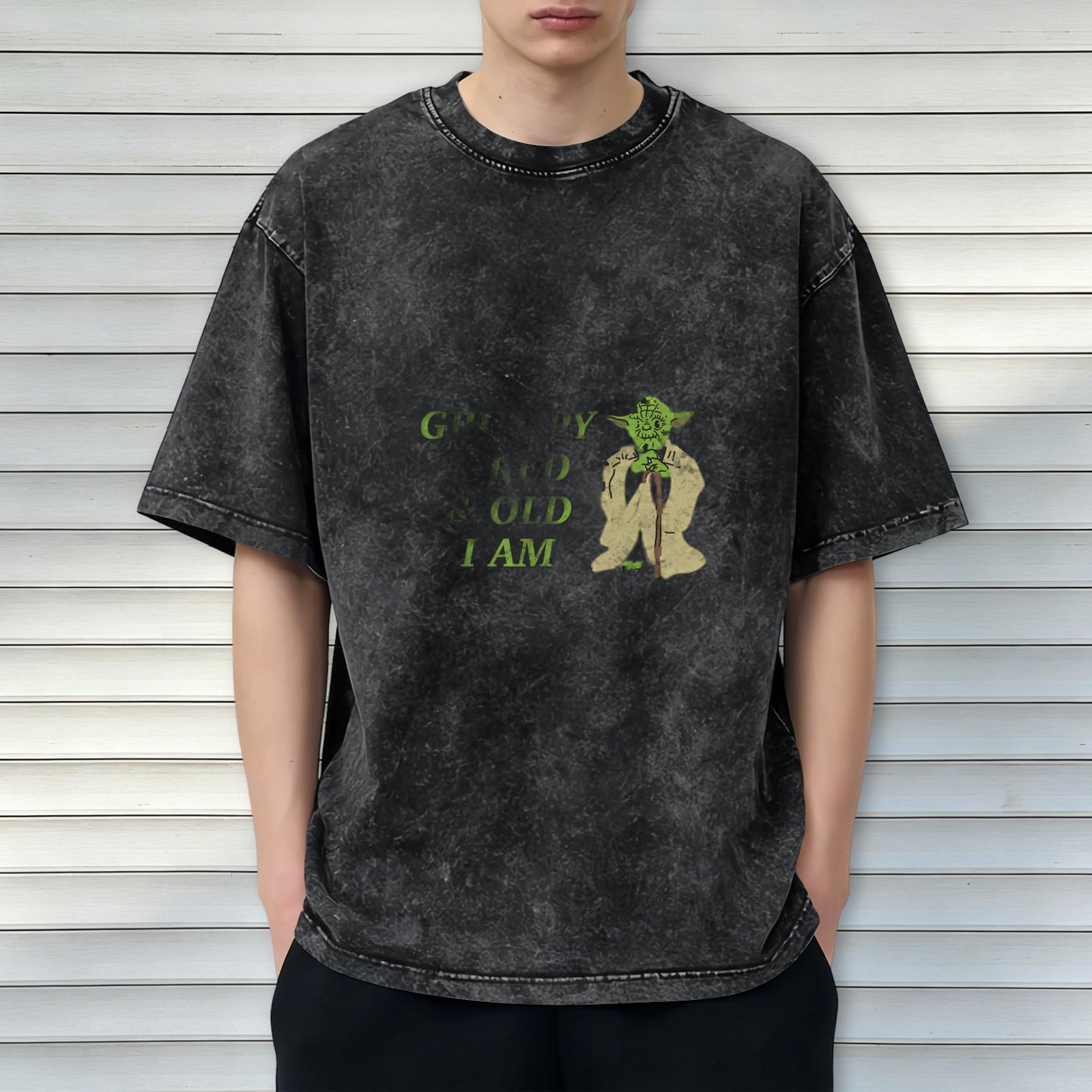Worn black acid wash t-shirt with Yoda 'Grow Old I Am' print