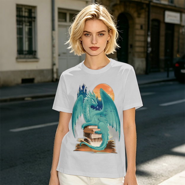 Teal Dragon Perched on Stacked Books Fantasy Graphic T-Shirt