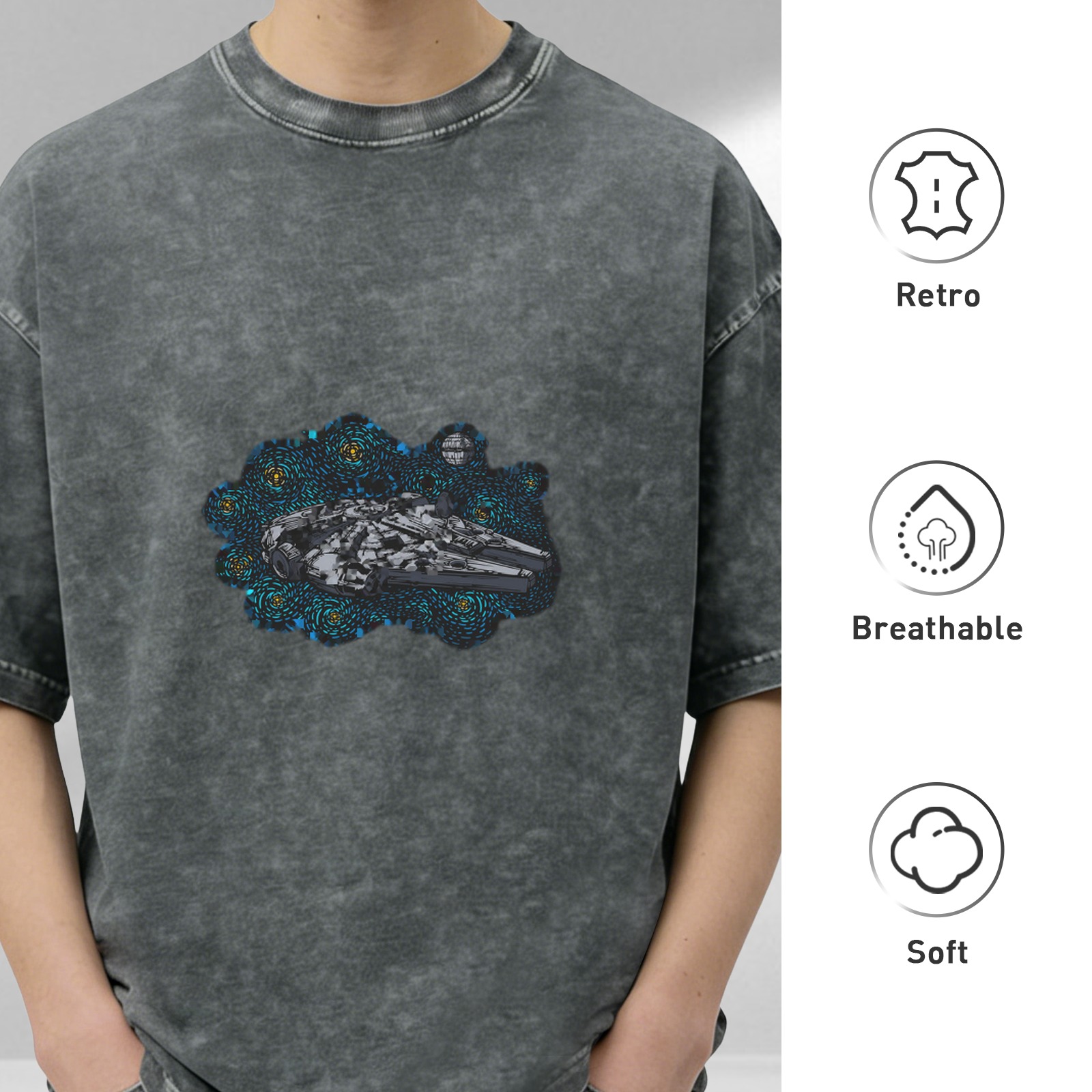 Distressed black Star Wars Millennium Falcon graphic short-sleeved T-shirt