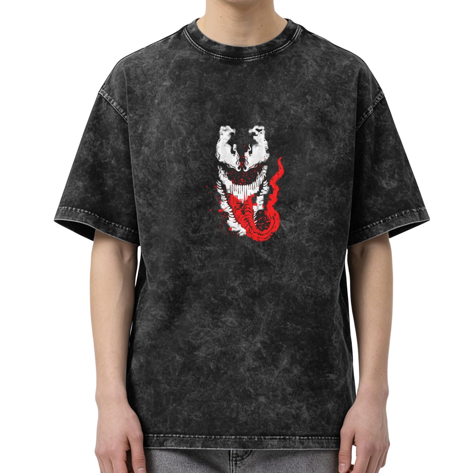 Oversized Acid Wash T-Shirt with Venom Graphic Print