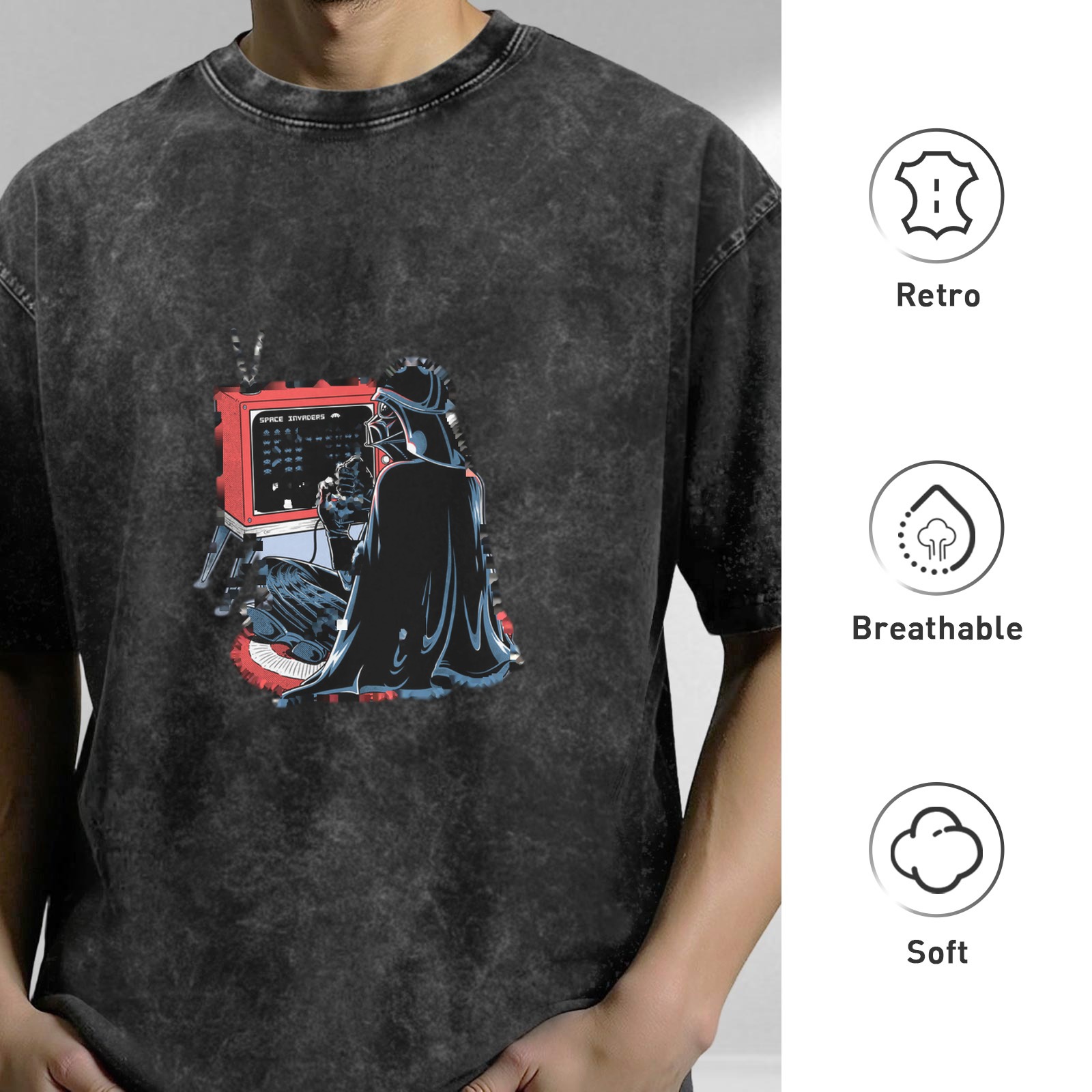 Vintage Washed Black T-Shirt with Darth Vader Retro Computer Graphic Print