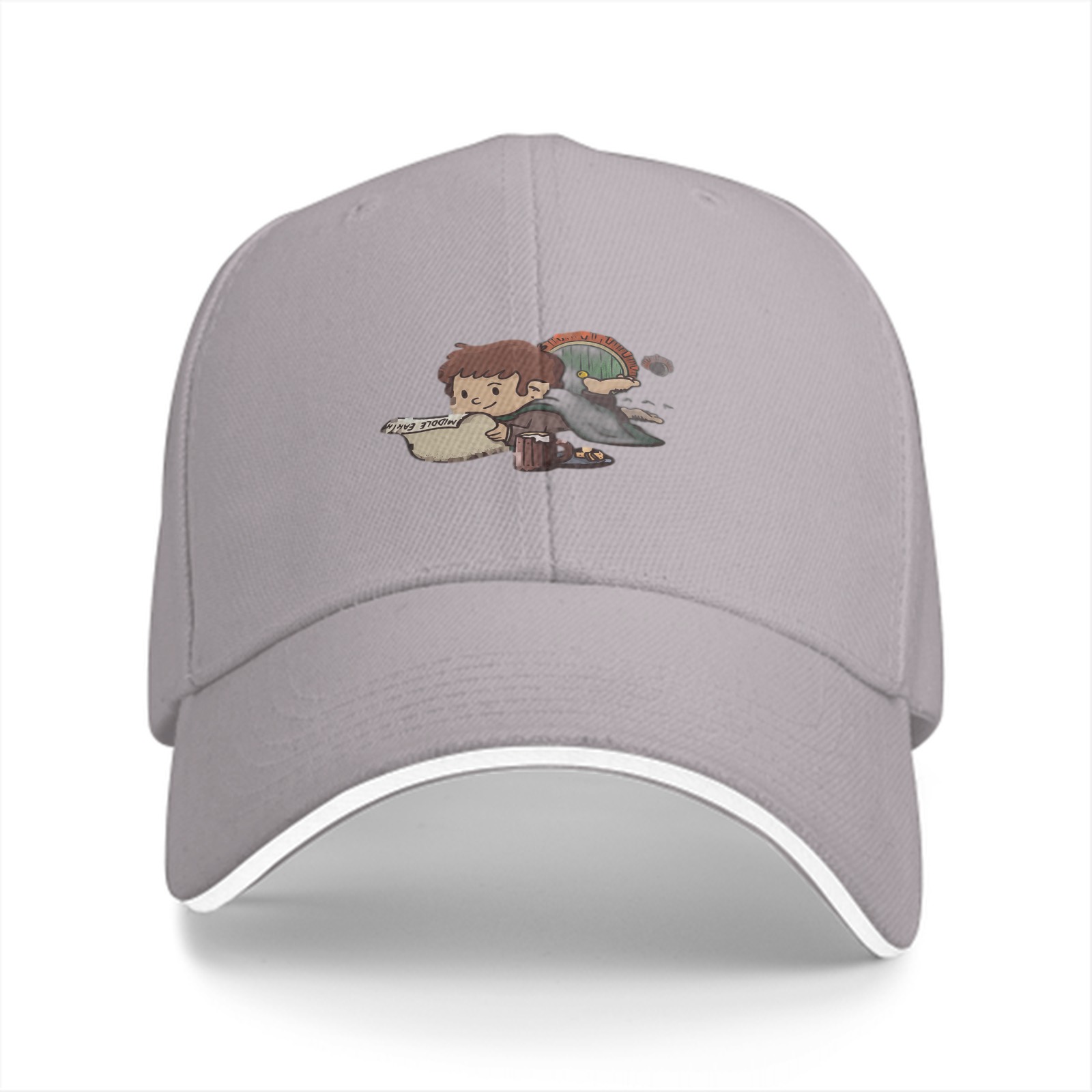 Black Baseball Cap with Cute Hobbit Character Print