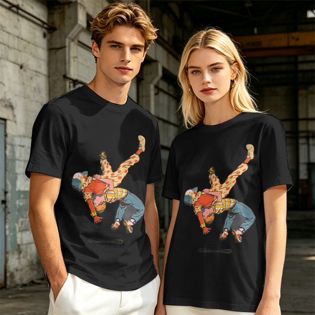 Olive T-Shirt With Clown Wrestling Graphic Print