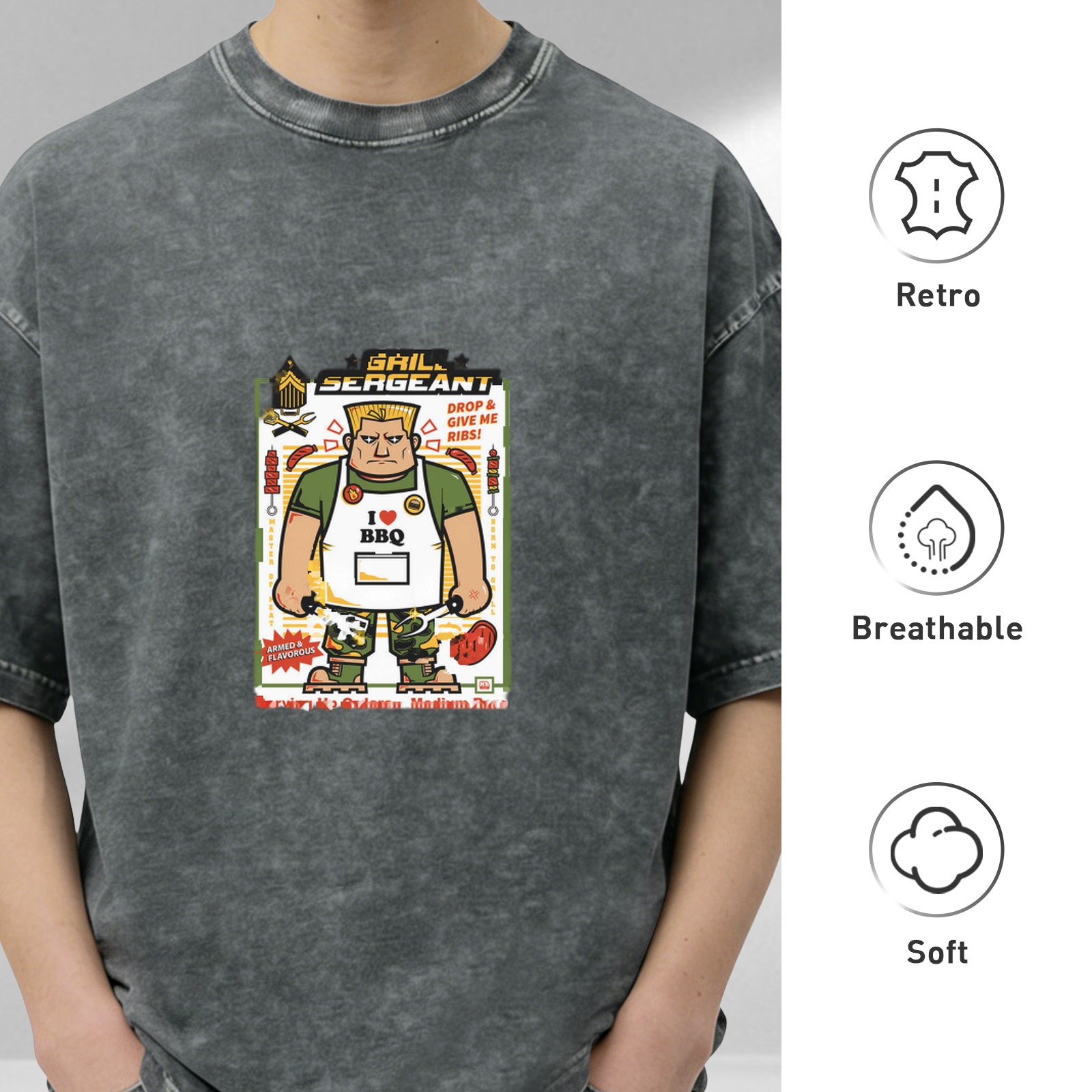 Washed black t-shirt with grill sergeant BBQ cartoon print