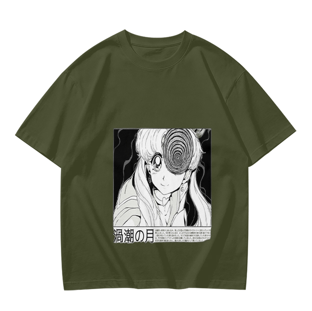Olive anime graphic t-shirt with spiral eye design