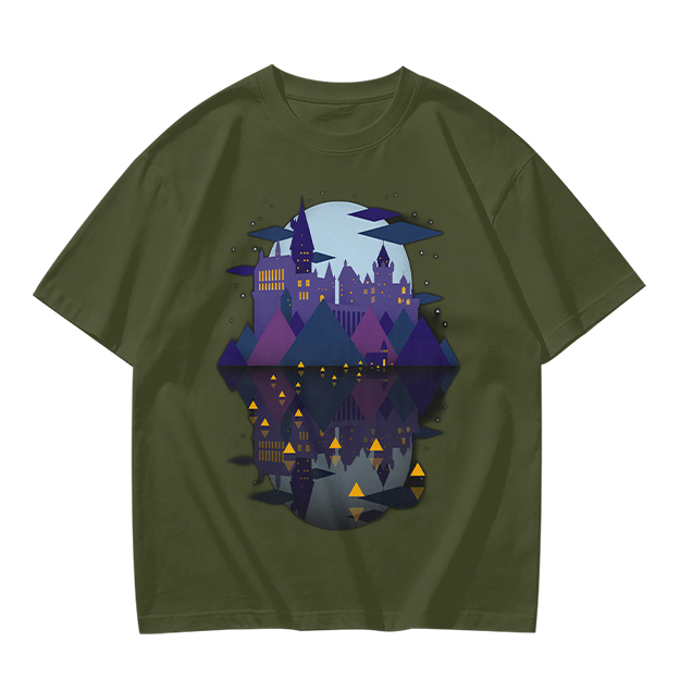 Olive T-Shirt With Night Castle Lake Reflection Graphic