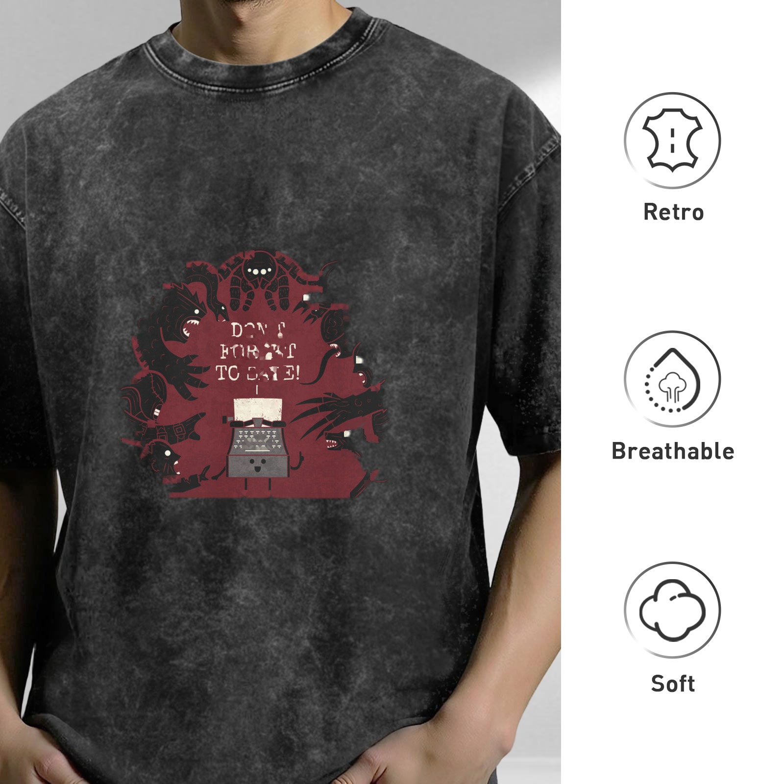 oversized acid wash t-shirt with horror monster typewriter graphic