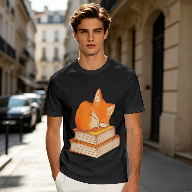 Olive T-Shirt With Sleeping Fox On Stacked Books Print