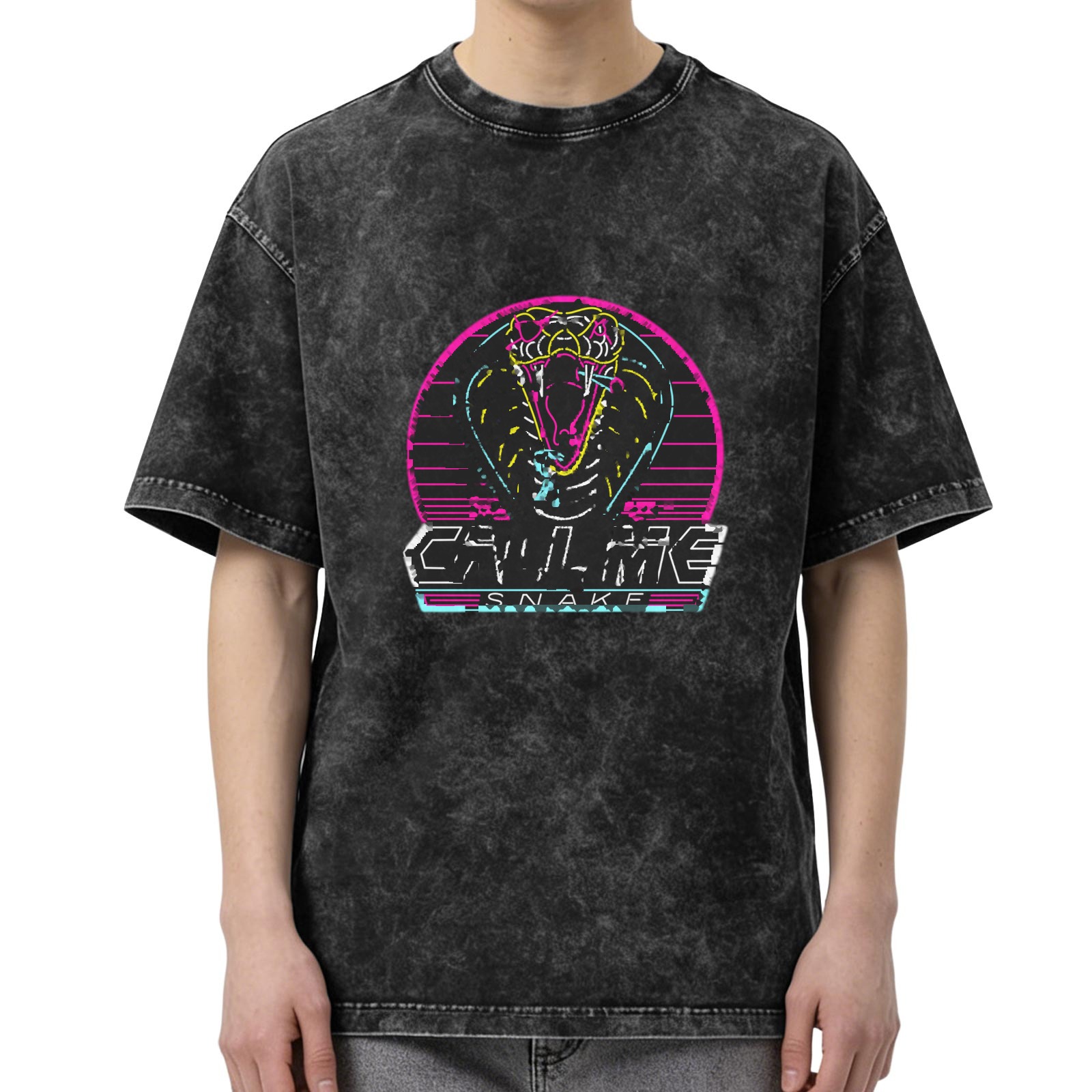 Oversized Acid Wash T-Shirt with Neon Cobra Call Me Snake Graphic