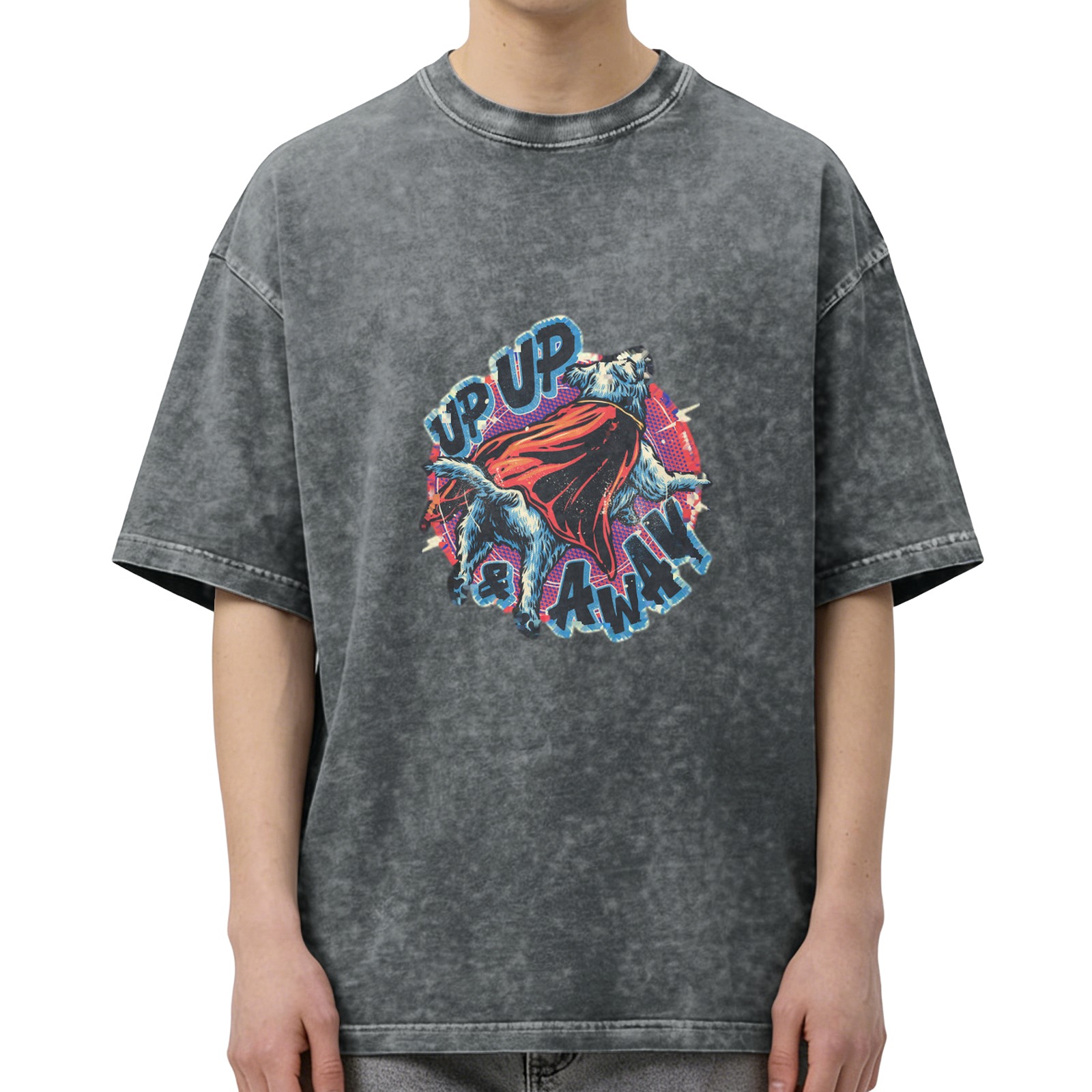 Washed Black T-Shirt With Superhero Dog 'Up Up & Away' Graphic