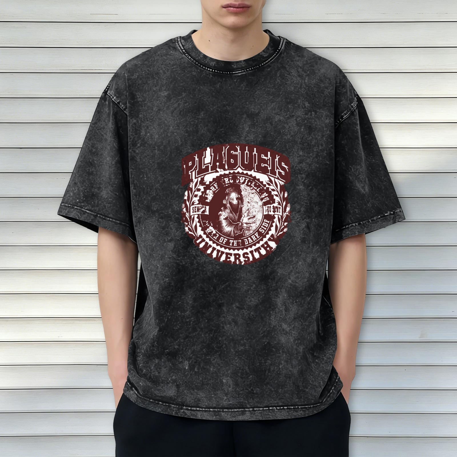 Washed black graphic t-shirt with plague doctor university emblem design
