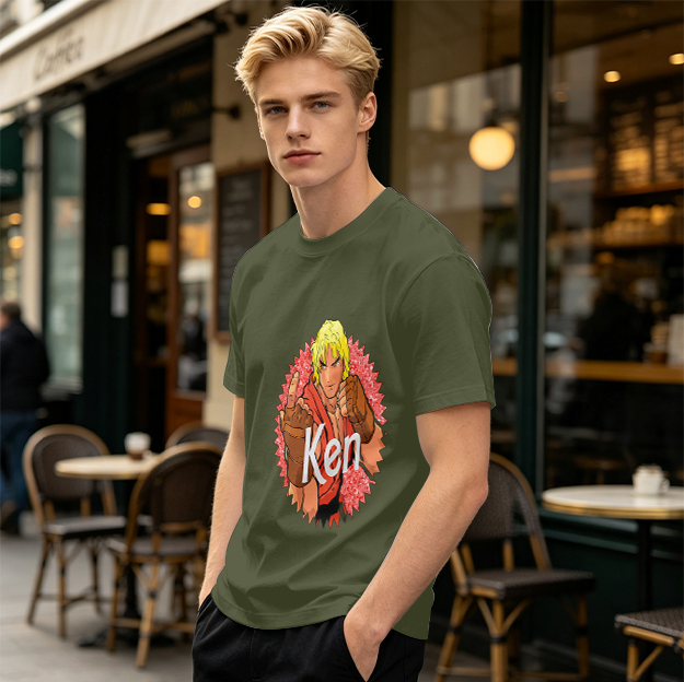Olive T-shirt with Street Fighter Ken Graphic Print