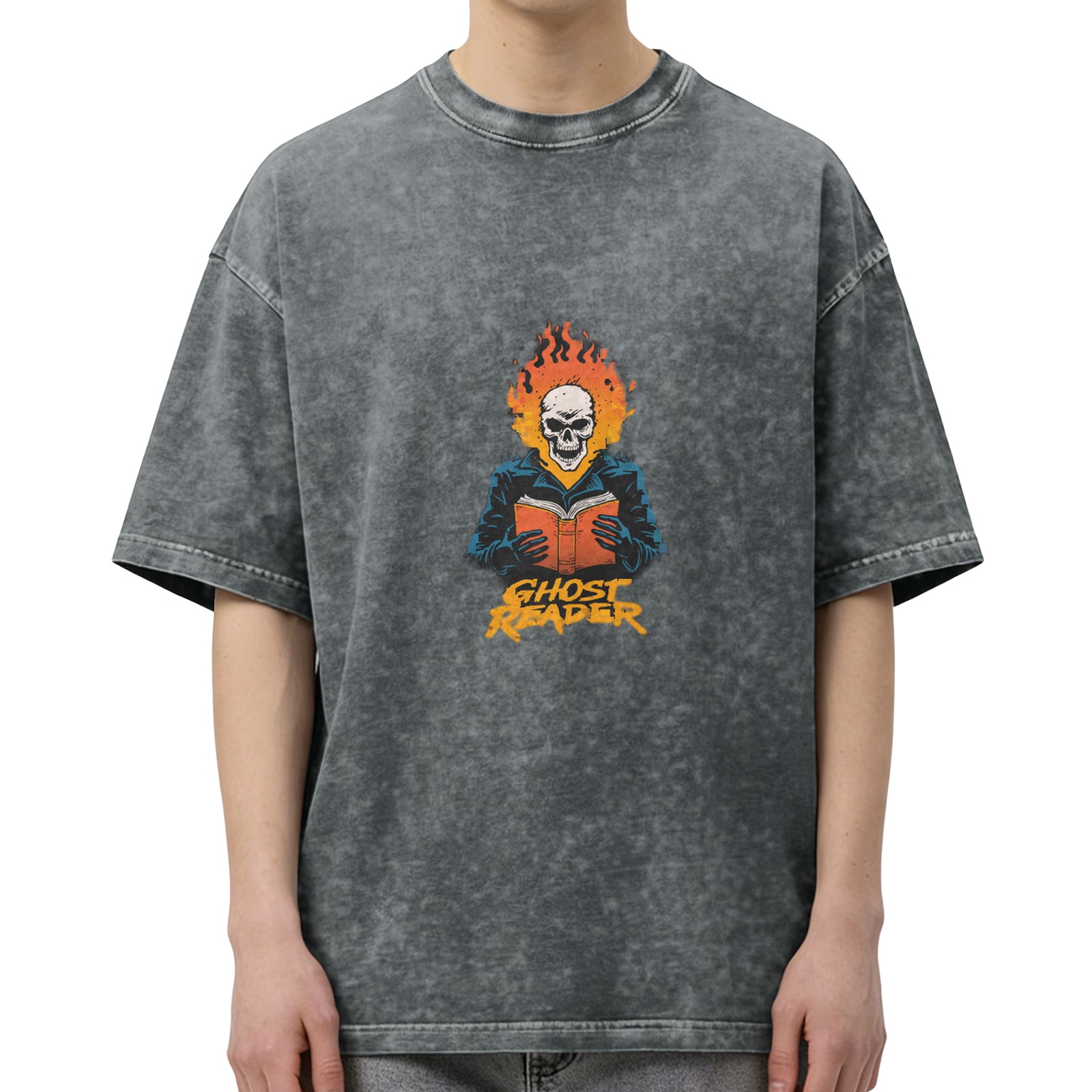 Oversized Acid Wash T-Shirt With Ghost Reader Skull Flame Print