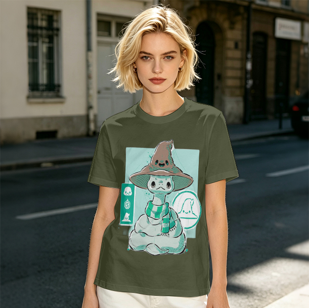 Olive T-Shirt With Cute Wizard Snake Graphic Design
