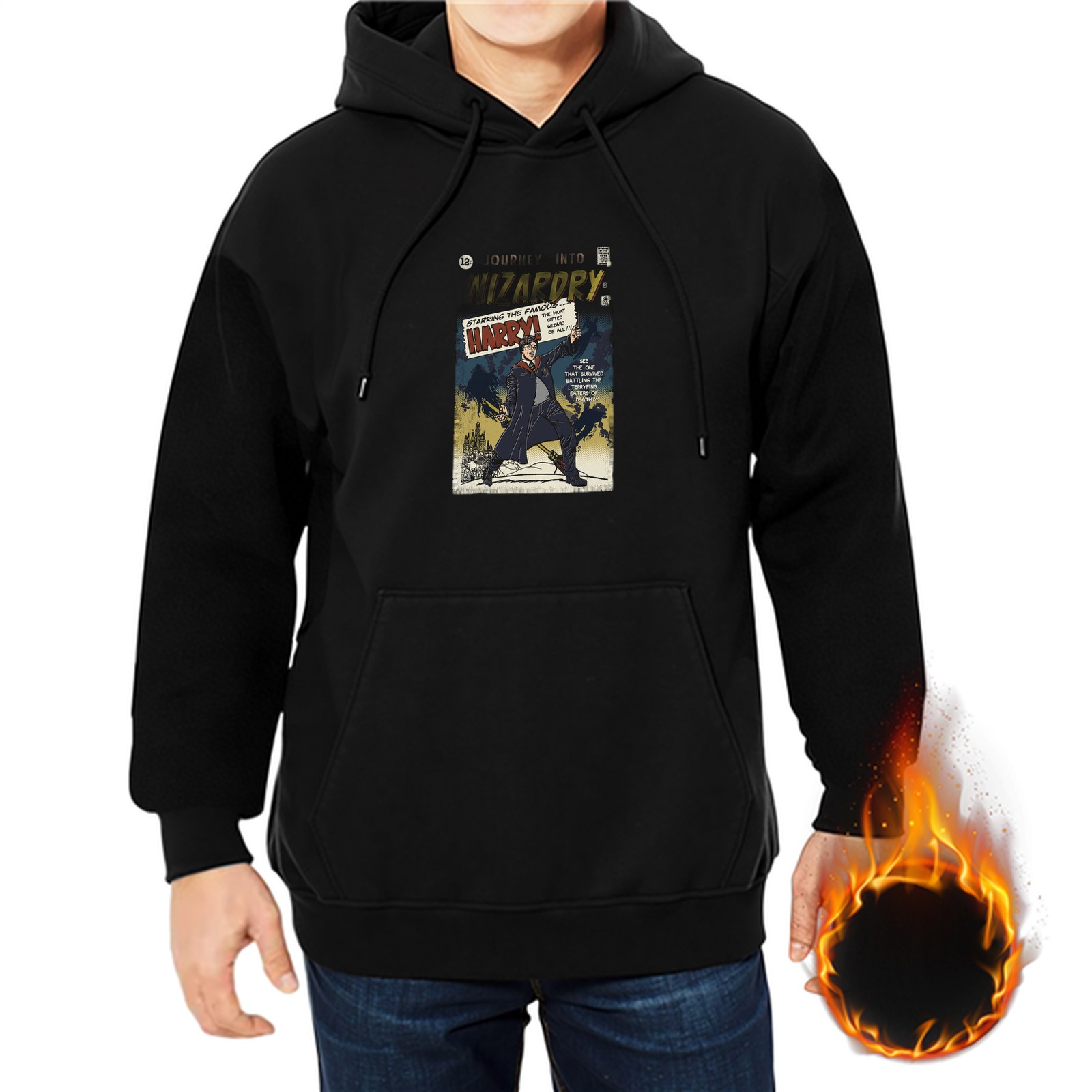 Black hoodie with Harry Potter wizard comic print