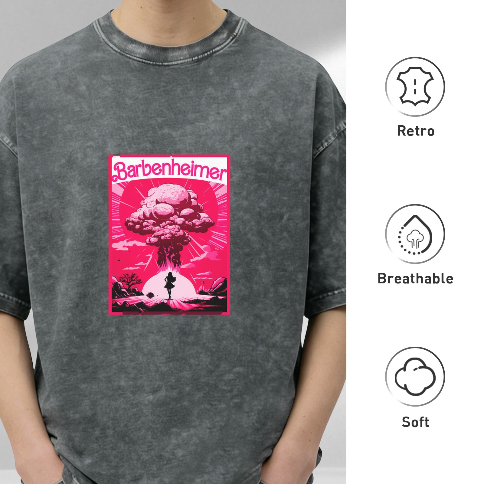 Barbenheimer Mushroom Cloud Graphic on Acid Wash Black T-Shirt