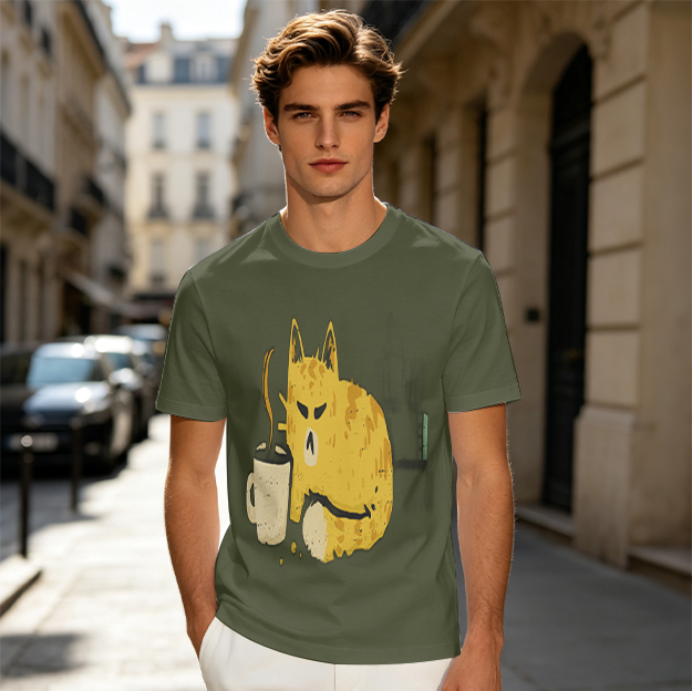 Olive T-Shirt With Grumpy Cat Holding Hot Coffee Print