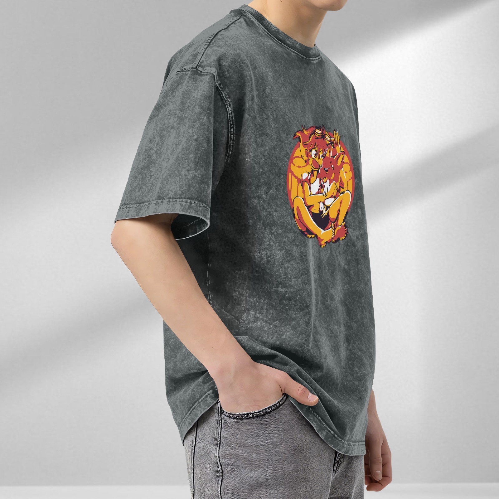 Washed black graphic t-shirt with anime-style character and animal print