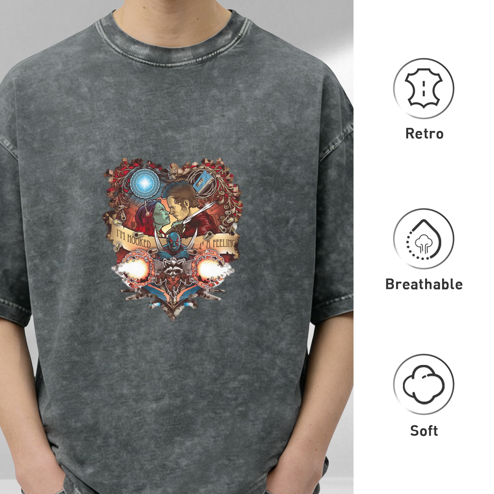 Washed Black T-Shirt with Guardians of the Galaxy Heart Graphic