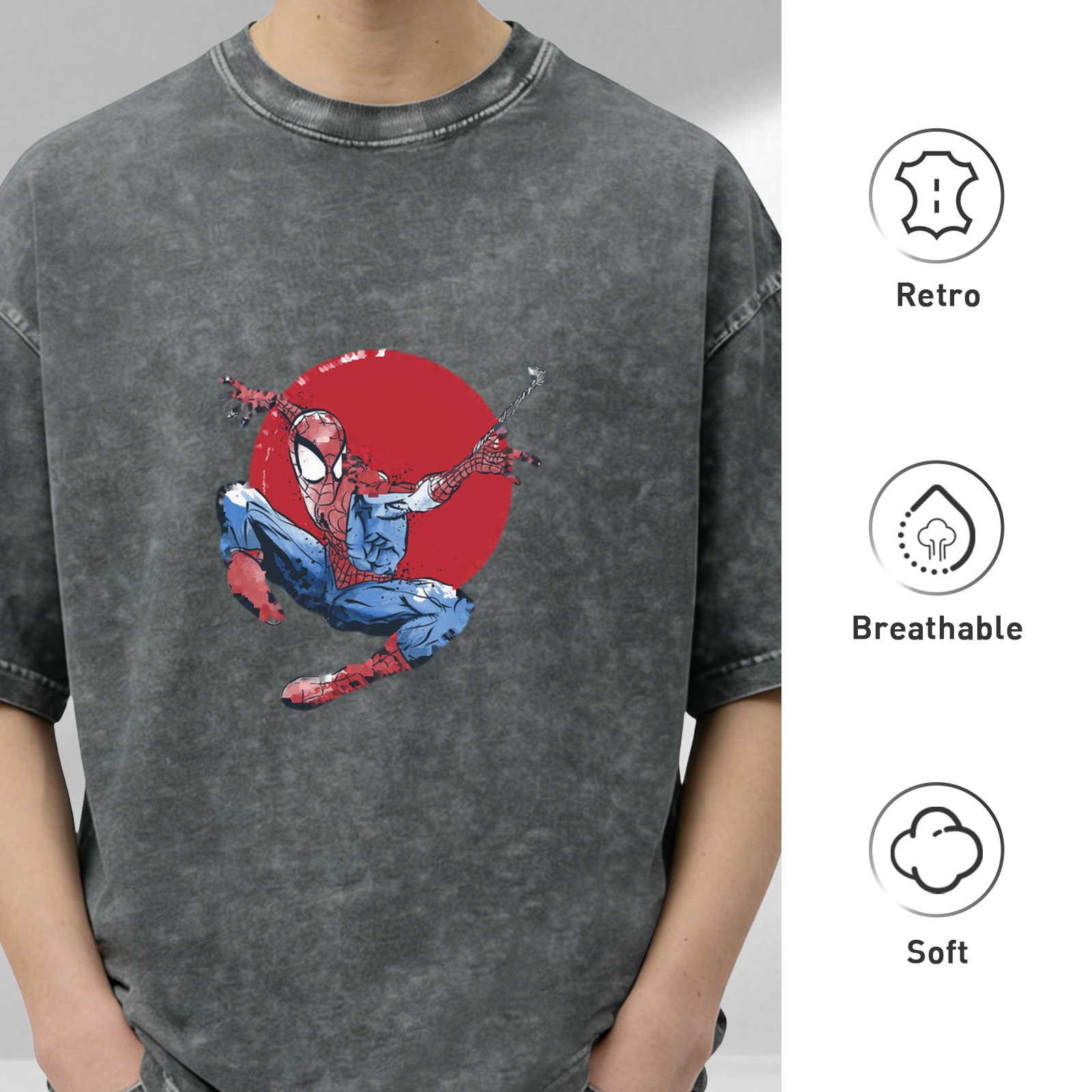 Washed Black Oversized T-Shirt with Spider-Man Red Circle Graphic