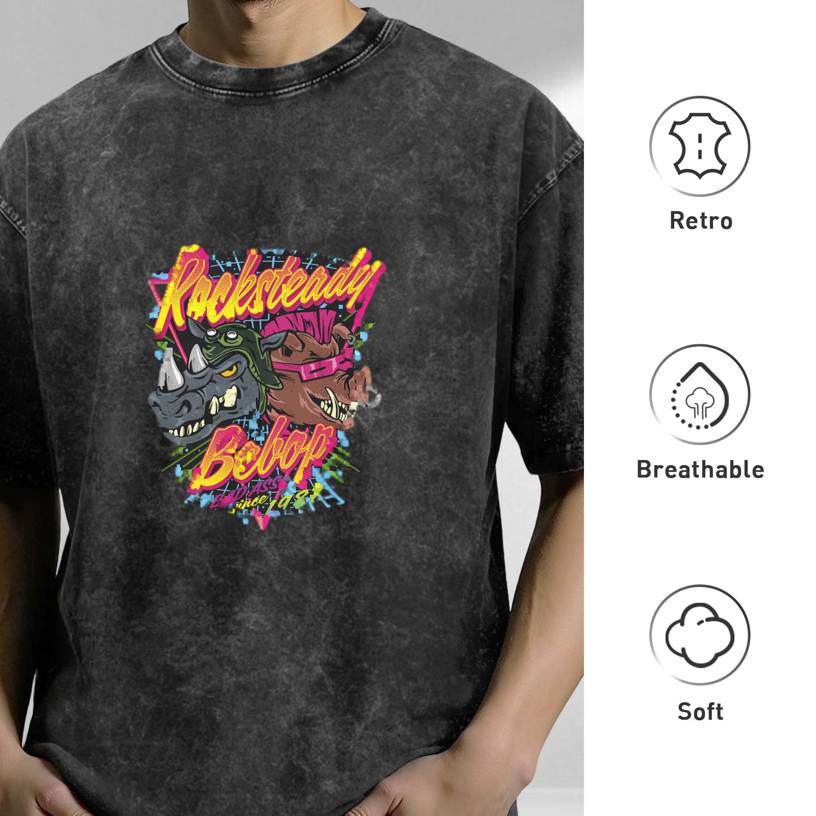 Teenage Mutant Ninja Turtles Rocksteady Bebop Acid Wash T-Shirt