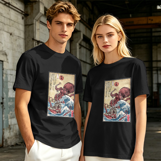Olive T-shirt with Japanese octopus and wave woodblock print