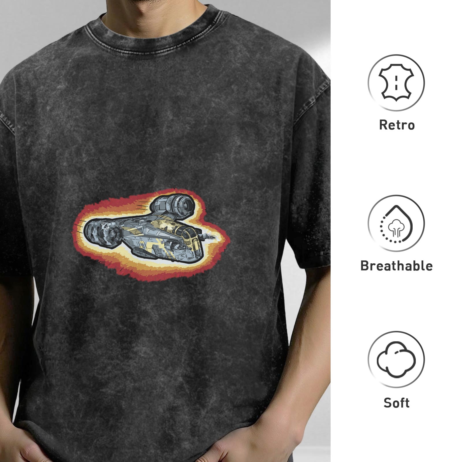 Oversized Acid Wash T-Shirt With Flying Spaceship Graphic