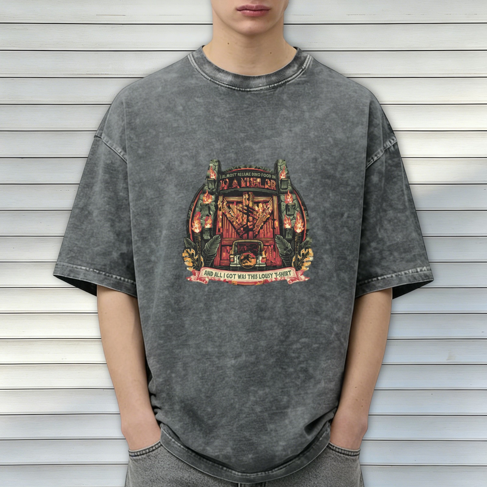 Oversized Vintage Wash Graphic T-Shirt with Dinosaur Themed Print