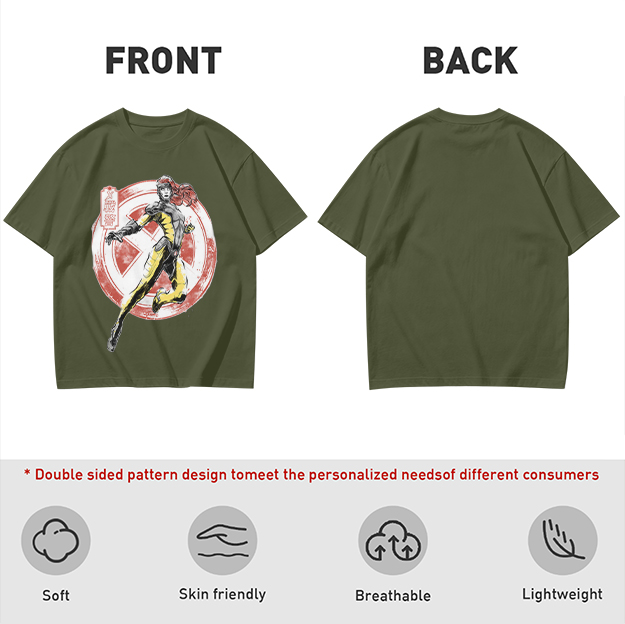 Olive T-shirt with X-Men style superhero graphic print