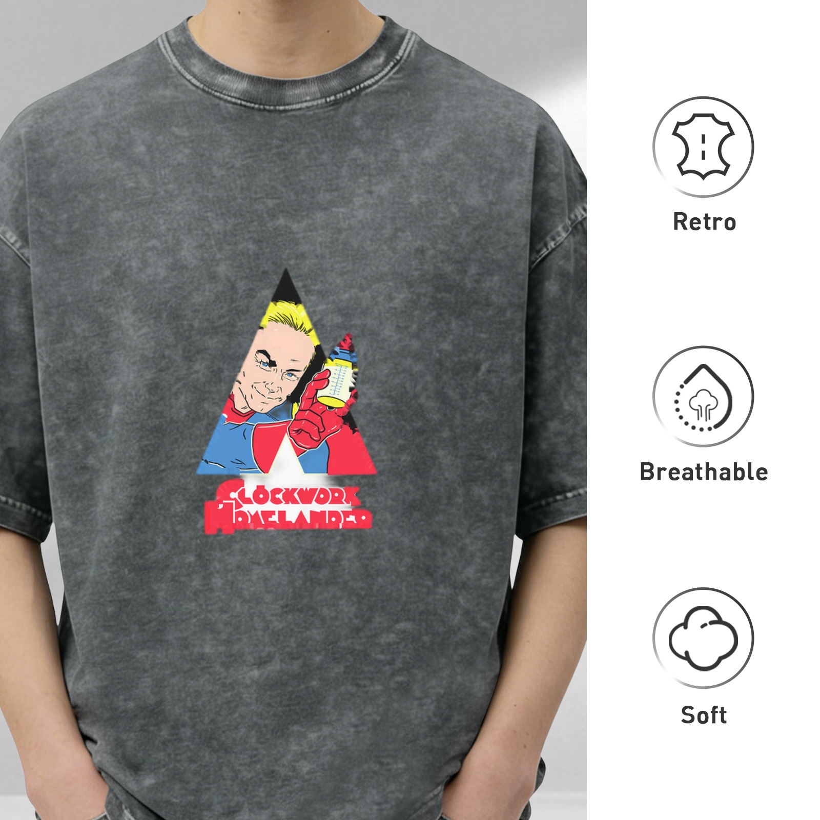 Oversized acid wash t-shirt with Clockwork Homelander graphic print